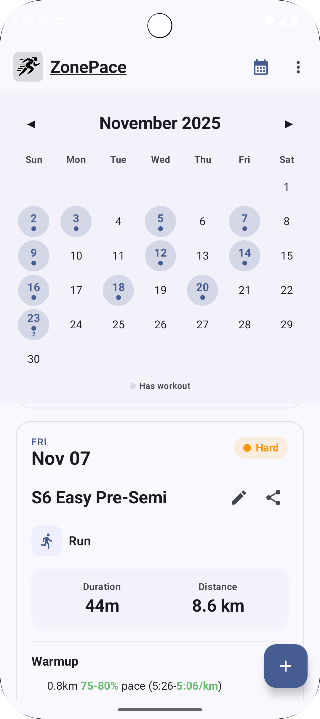 ZonePace calendar view showing upcoming Intervals.icu workouts
