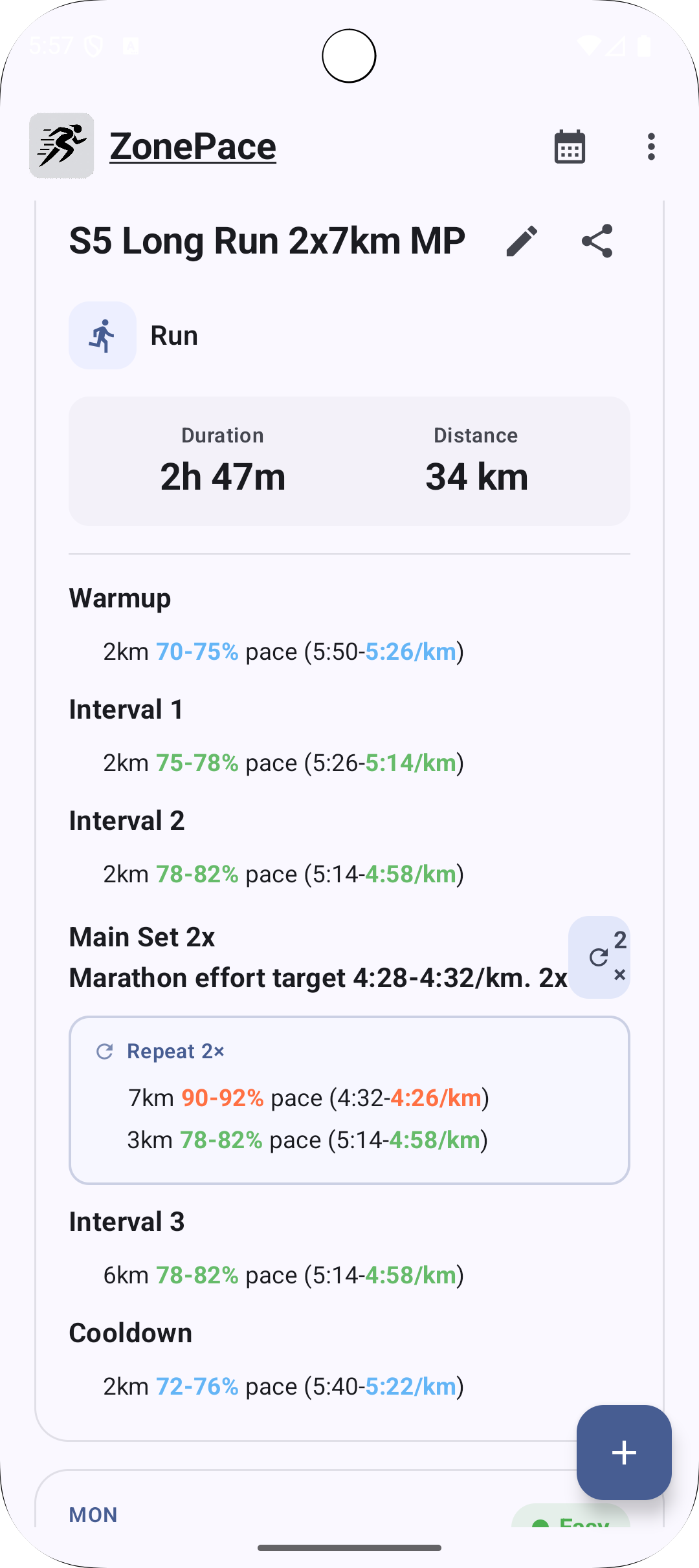 ZonePace workout detail view highlighting intensity and targets