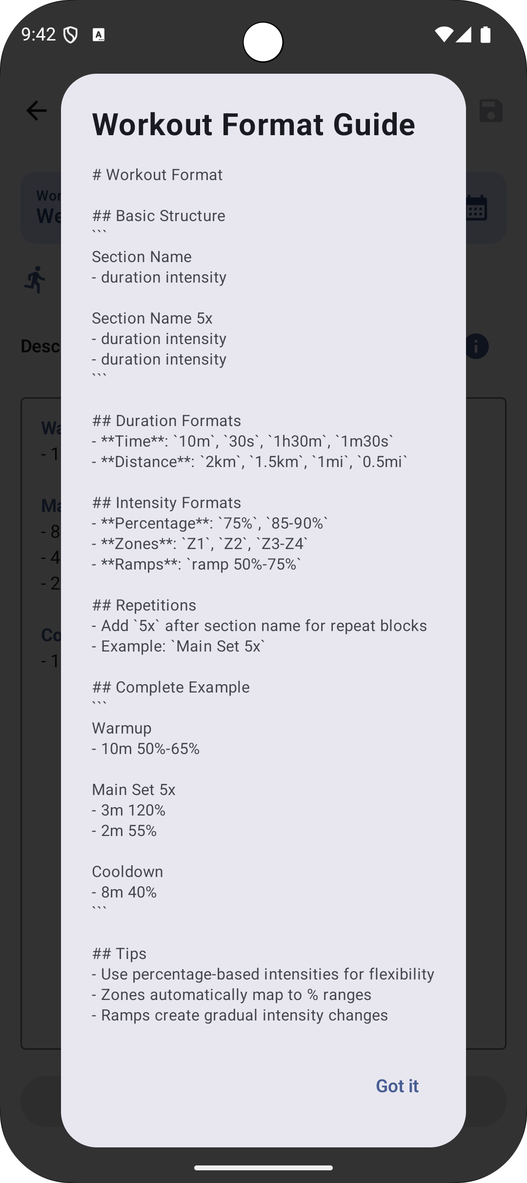 ZonePace workout format guide showing syntax for durations, intensities, zones, and repetitions